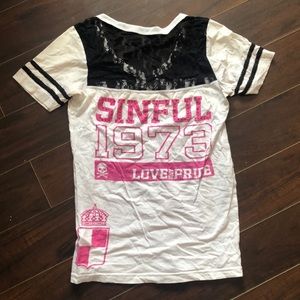 Sinful T-shirt. Black lace and pink rhinestones